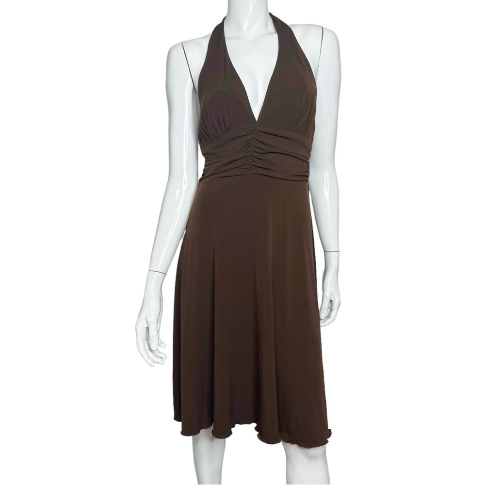 connected apparel Halter V-Neck Runched Waist Brown Midi Dress